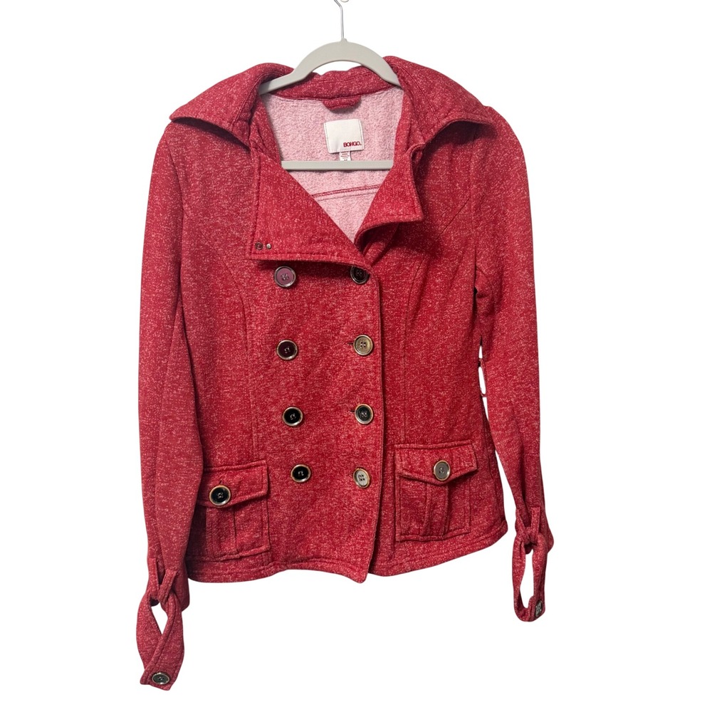 Bongo Womens Red Marled Double Breasted Hooded Pea Coat Jacket Size M